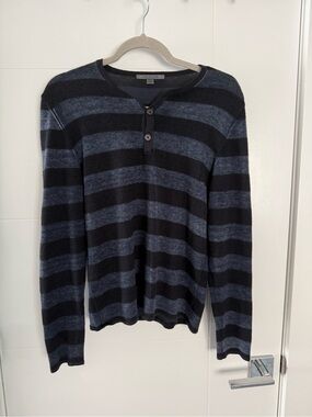 John Varvatos 100% Cashmere Striped Henley Sweater S Charcoal Blue Black